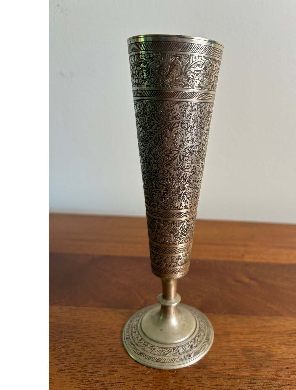 Vintage Hand-Etched Brass Trumpet Pedestal Bud Vase